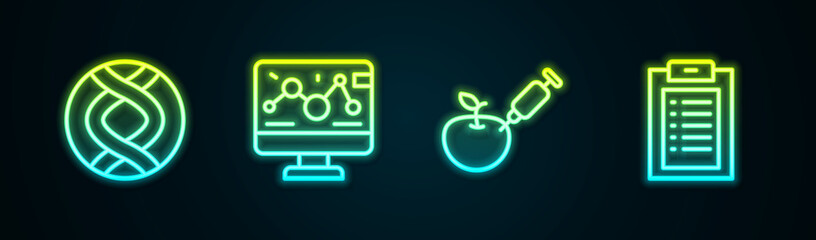 Set line DNA symbol, Genetic engineering modification, Genetically modified apple and Clinical record. Glowing neon icon. Vector