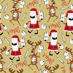 Seamless pattern for Christmas - Funny reindeer and Santa Claus with toilet papers and vaccine. Good for wrapping paper, textile print, wall paper, poster, card or decoration.