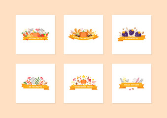 Set of autumn cards with floral decor. Fall designs of pumpkins, mushrooms and autumn leaves with yellow ribbons isolated on a white background. Can be used for thanksgiving invitation, greeting card 