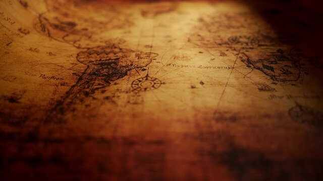 Close up of a old vintage map with countries and continents. Retro style. Concept of geography or global history and cartography.