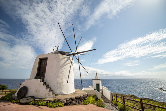 Windmill, at Corvo island, Azores travel destination.