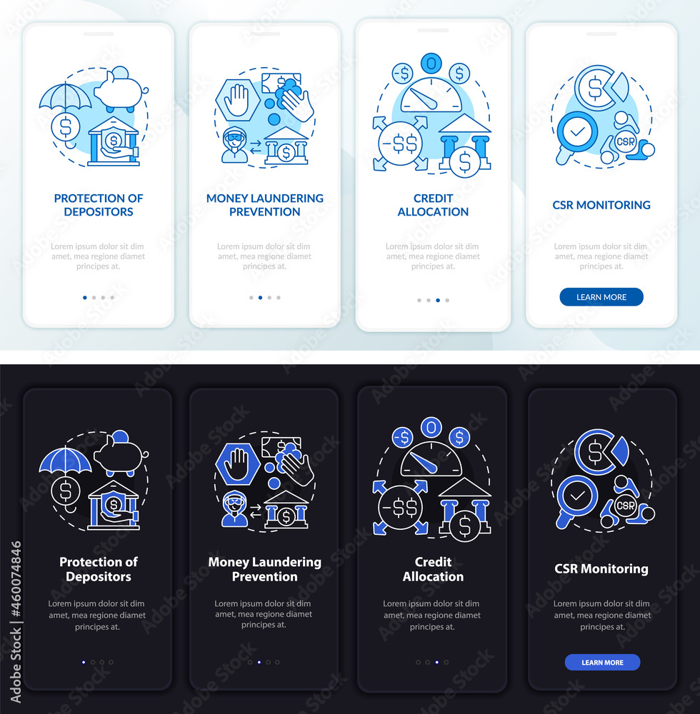 Poster bank regulation onboarding mobile app page screen. csr monitoring walkthrough 4 steps graphic instru
