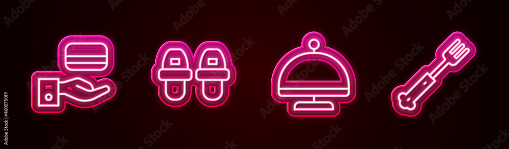 Canvas Prints Set line Digital door lock, Hotel slippers, Covered with tray and Fork. Glowing neon icon. Vector