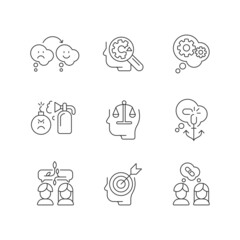 Critical mindset and attitude linear icons set. Rationality, critical thinking. Emotional intelligence. Customizable thin line contour symbols. Isolated vector outline illustrations. Editable stroke