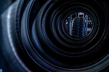 photographs of car tires, detailed and general plan. tires are folded in rows or on each side
