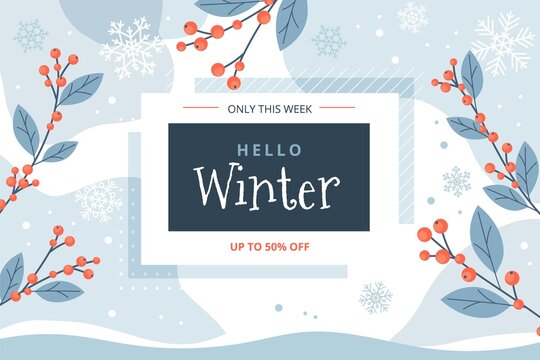 Hello winter sale banner, vector illustration template with snowflakes and ilex branches
