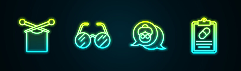 Set line Knitting, Eyeglasses, Grandmother and Medical prescription. Glowing neon icon. Vector