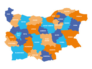 Fototapeta premium Colorful political map of Bulgaria. Administrative divisions - provinces. Simple flat vector map with labels.