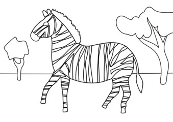 zebra walking on the savannah. black and white contour drawing by hand. coloring page for kids.