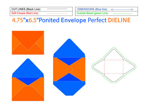 A6 Pointed Flap envelope or baronial  envelope 4.75x6.5 inch dieline template and 3D envelope editable easily resizable
