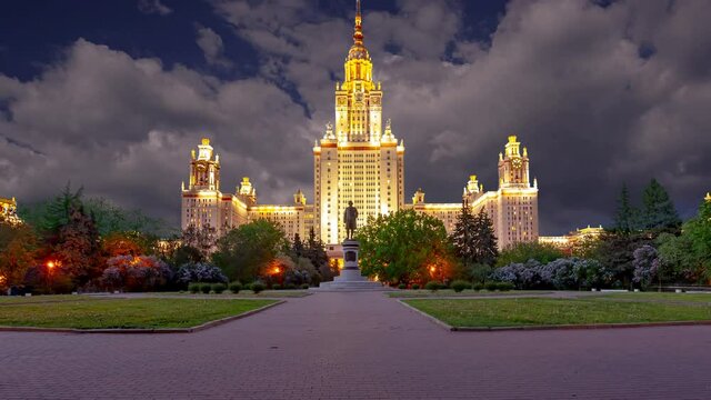 The Main building of Lomonosov Moscow State University on Sparrow Hills (night). It is the highest-ranking Russian educational institution. Russia