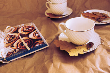 coffee roll in autumn style with leaves