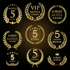 Golden laurel wreath set five stars hotel badges collection