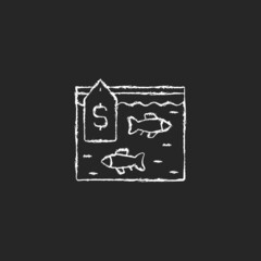 Live fish trade chalk white icon on dark background. Fresh catch selling. Aquarium and ornamental fish. Consumers demand. Commercial fishing. Isolated vector chalkboard illustration on black