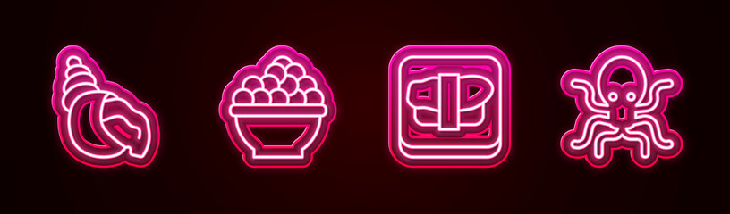 Set line Scallop sea shell, Caviar, Sushi on cutting board and Octopus. Glowing neon icon. Vector