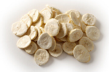 Pile of sweet dehydrated banana slices.