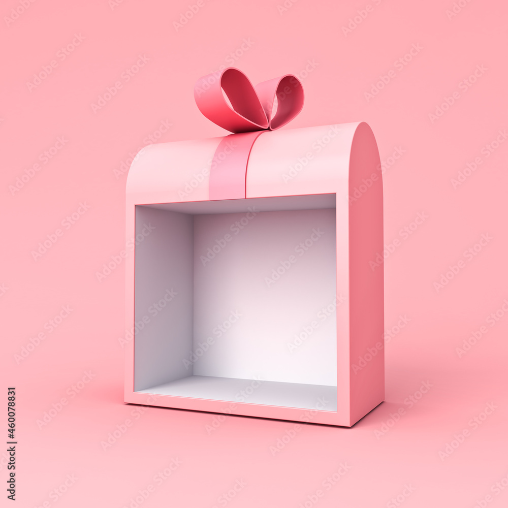 Poster unique exhibition booth blank gift box stand with pink pastel color ribbon bow isolated on pink back