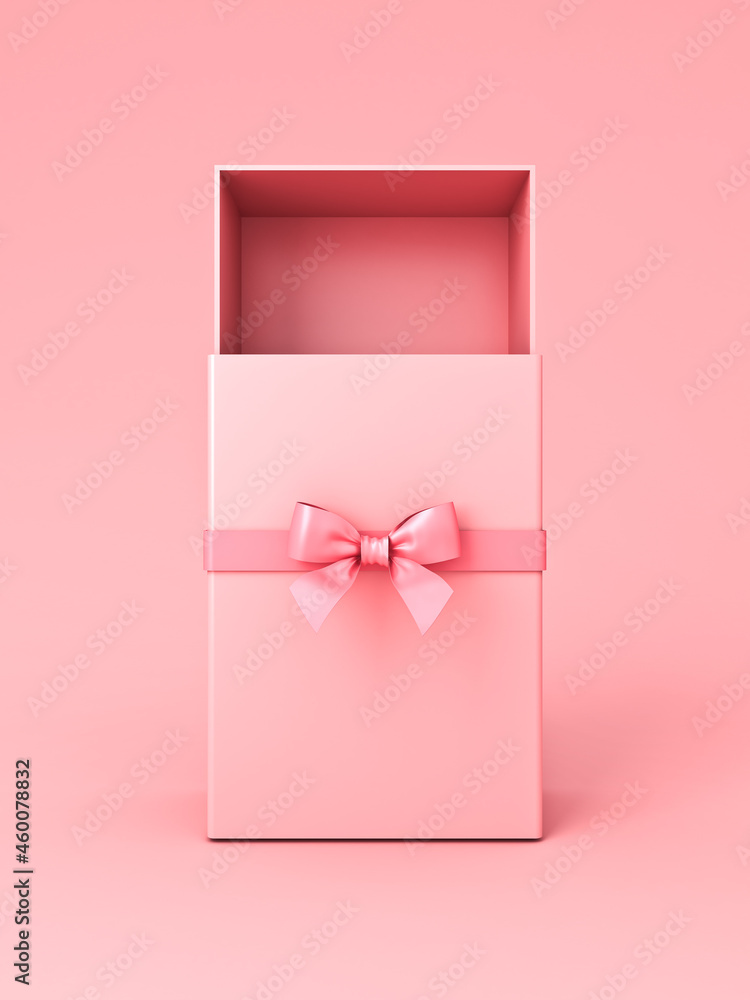 Poster blank vertical pink sliding gift box or sleeve box with pink pastel color ribbon bow isolated on pin