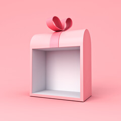 Unique exhibition booth blank gift box stand with pink pastel color ribbon bow isolated on pink background minimal conceptual 3D rendering