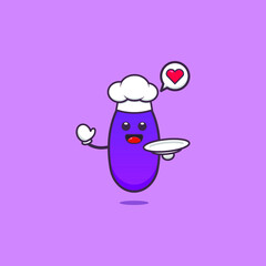 Happy eggplant cute cartoon style, eggplant character holding the plate in hand
