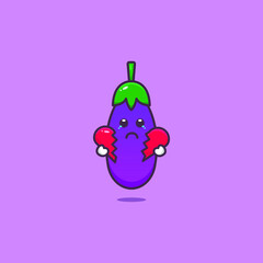 Happy eggplant cute cartoon style, eggplant character holding a broken heart in hand
