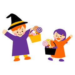 お菓子のカゴを持つ男の子と女の子