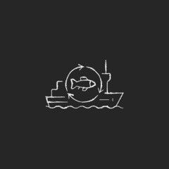 Fish processing vessel chalk white icon on dark background. Large factory ship. Equipped fishery trawler. Fish freezing and sterilization. Isolated vector chalkboard illustration on black - obrazy, fototapety, plakaty