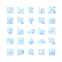 Fishing industry gradient linear vector icons set. Catching and preparing seafood. Processing and farming. Canning plant. Thin line contour symbols bundle. Isolated outline illustrations collection