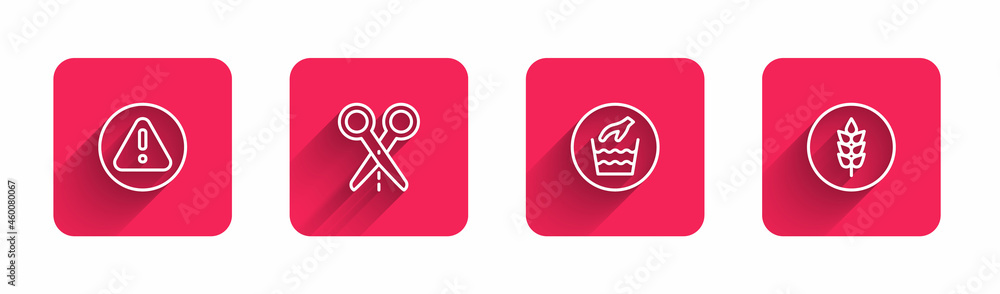 Poster set line exclamation mark in triangle, scissors with cut line, hand wash laundry and wheat with long