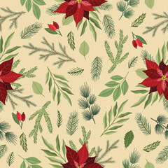 Fototapeta premium Seamless pattern with hand drawn poinsettia flowers and floral branches and berries, christmas florals.