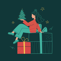 Young woman is sitting on gift boxes with a Christmas tree on her hand. Abstract concept of New Years celebration. Trendy vector illustration in flat line style isolated on dark background