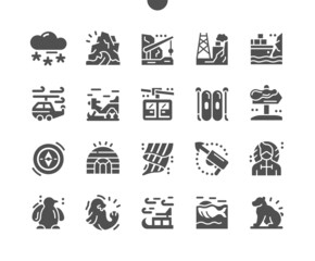 Arctic. Snow, iceberg and northern lights. Polar station. Tourism, travel, vacation and extreme sports. Snowmobile. Vector Solid Icons. Simple Pictogram