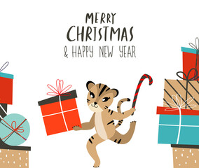 Happy New Year Advertising Sale Shopping Red Banner.Christmas Shopping,Festive Purchase.Cute Cartoon Tiger,Cat with Box,Present Gift.Festive Holiday Poster,Card,Header Website.Advertising Illustration