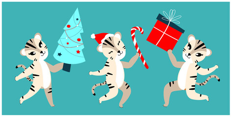 Set of Cute Cartoon Tigers,Cats Greeting Cards.New year with Christmas Festive Attributes.Chinese New Year 2022 Symbol.Holiday Animals Set.Design of Calendars,Cards,Advertising.Vector illustration