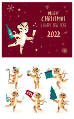 Set of Cute Cartoon Tigers, Cats Greeting Cards.New year with Christmas Festive Attributes.Chinese New Year 2022 Symbol.Holiday Animals Set.Design of Calendars,Cards,Advertising.Vector illustration