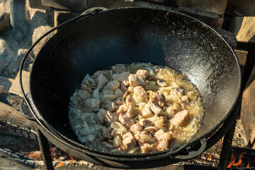 Cooking food on a fire, in a cauldron. Traditional Asian food is pilaf. Zirvak made from onions, oil, carrots, meat and spices. Mixed with rice. Prepared in a cauldron, over a fire. Birch firewood. Ru