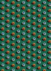 Minimal geometric Halloween idea, pattern holiday season concept, moody dark green background. Spooky horror visualization with eye and carved pumpkin.