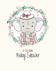 Baby shower card. Cute elephant inside flower frame. Isolated vector	
