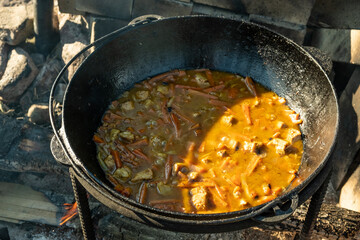 Cooking food on a fire, in a cauldron. Traditional Asian food is pilaf. Zirvak made from onions, oil, carrots, meat and spices. Mixed with rice. Prepared in a cauldron, over a fire. Birch firewood. Ru