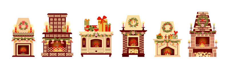 collection of cozy fireplaces decorated for the holiday. Christmas fireplaces in a flat cartoon style are isolated on a white background