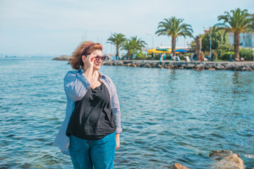 Plus size woman in Istanbul, big size lady in vacation. Lifestyle