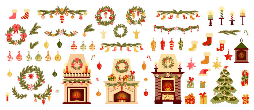  festive collection of vector elements in a flat cartoon style isolated on a white background. Decorated fireplaces, Christmas toys, balloons, Christmas tree,  branches, festive wreaths and garlands