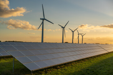Wind turbine and solar panels energy generators on wind farm