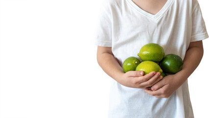 Boy holding lime fruits in his hands on white background with copy space.