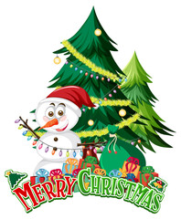 Merry Christmas text banner with Snowman and Christmas tree