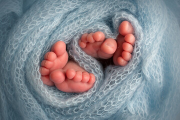 Twins are infants. A close-up photo of the legs of newborn twins on a light grey plaid. Feet and toes of a newborn in a soft blanket