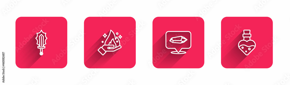 Poster set line magic sword in fire, hand holding, stone and bottle with potion with long shadow. red squar