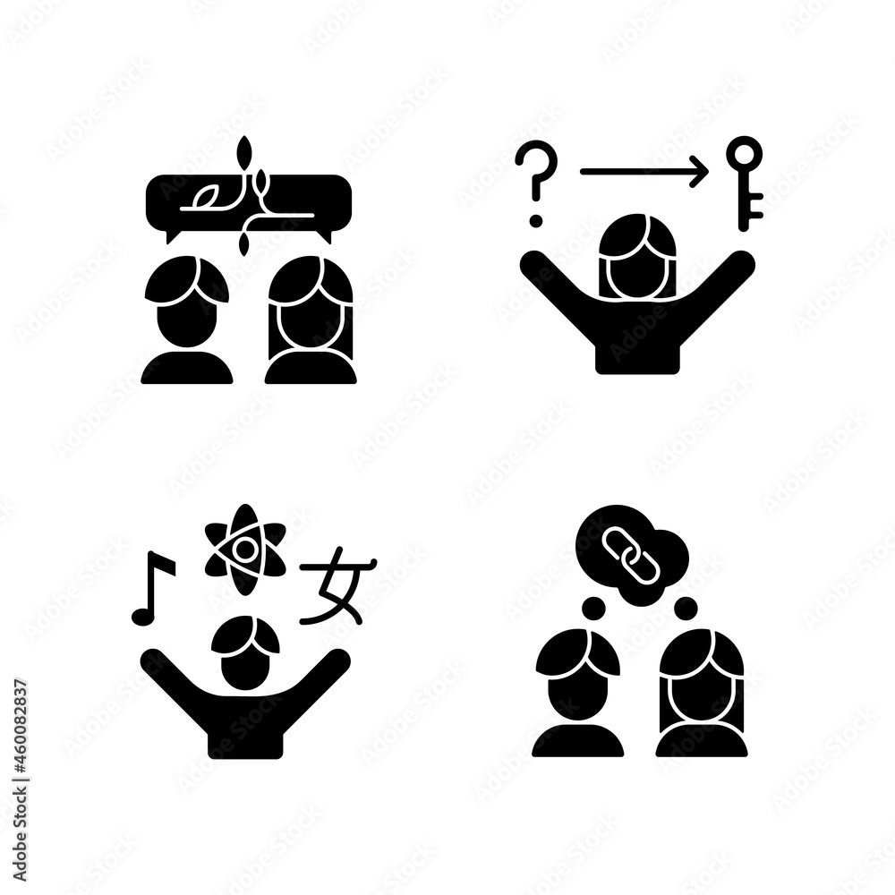Poster communication skills black glyph icons set on white space. problem solving skills. inquisitiveness. 