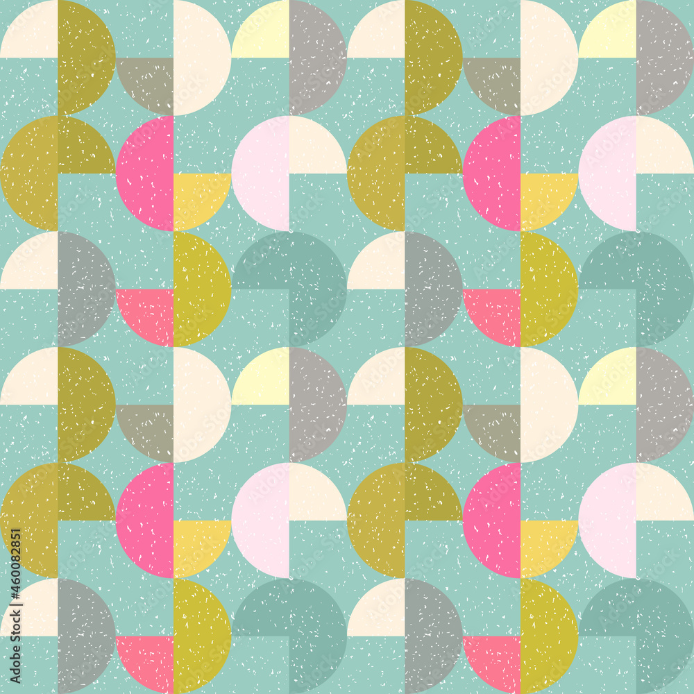 Aufkleber Modern vector abstract seamless geometric pattern with semicircles and circles in retro scandinavian style. Pastel colored colorful shapes with worn out texture .