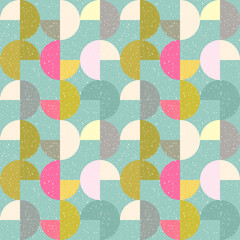 Modern vector abstract seamless geometric pattern with semicircles and circles in retro scandinavian style. Pastel colored colorful shapes with worn out texture .
